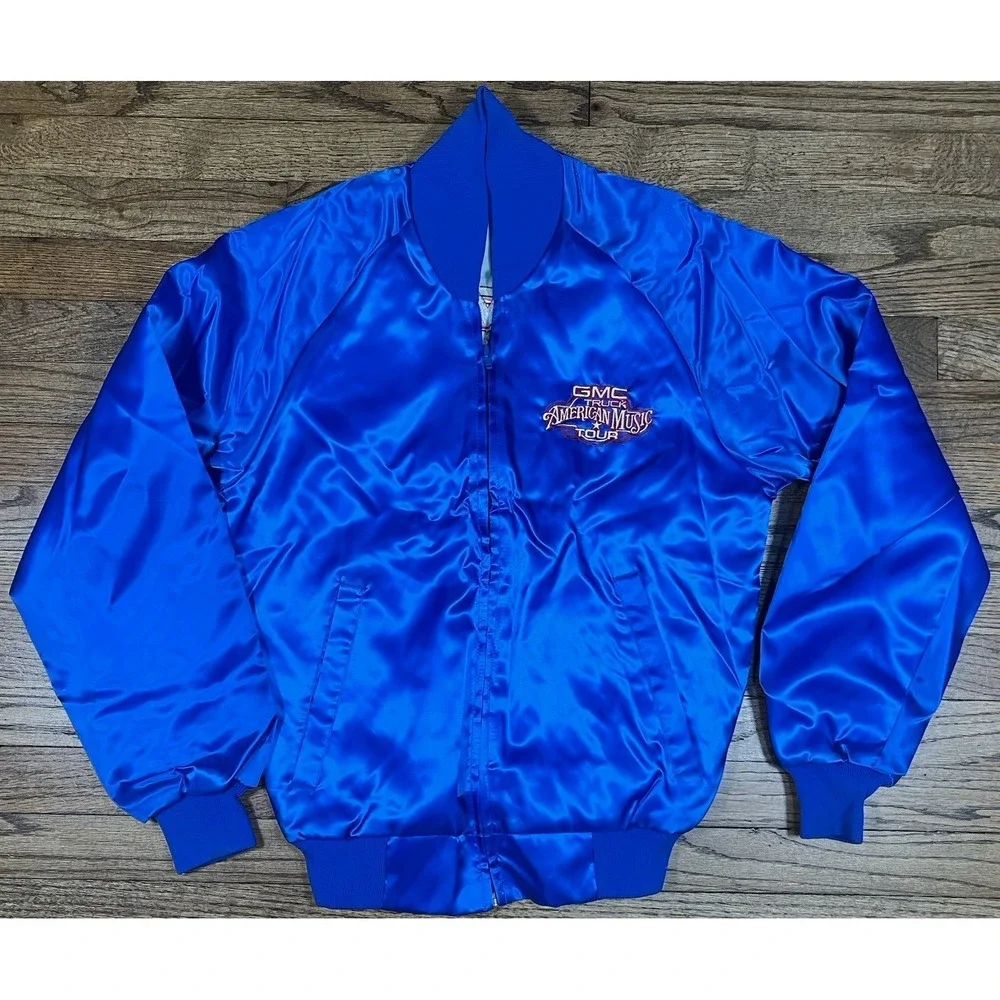 Vintage 1991 GMC Truck American Country Music Tour Blue Satin Embroidered Jacket